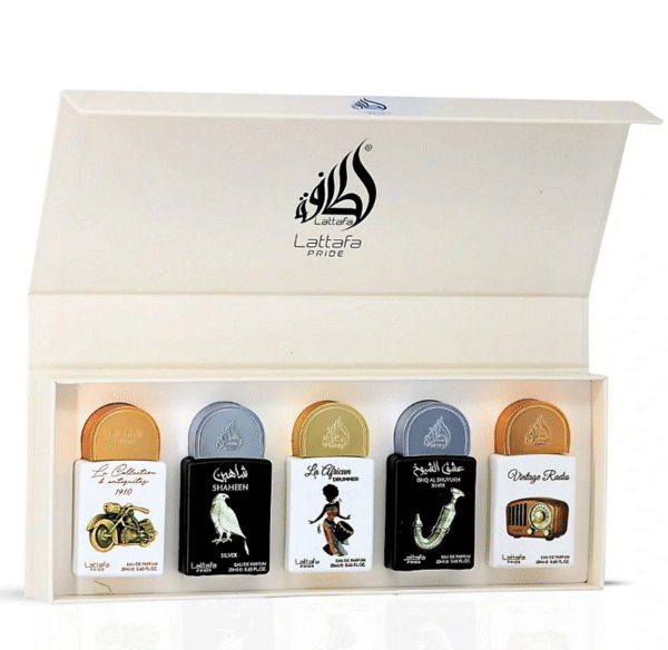 Set Lattafa Pride X0.67oz (5 PC ) Bike 1910 / Shaheen Silver / African Drummer / Shuyukh Silver / Vintage Radio